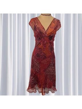Y2k vintage Red and orange floral sheer dress with lettuce trim